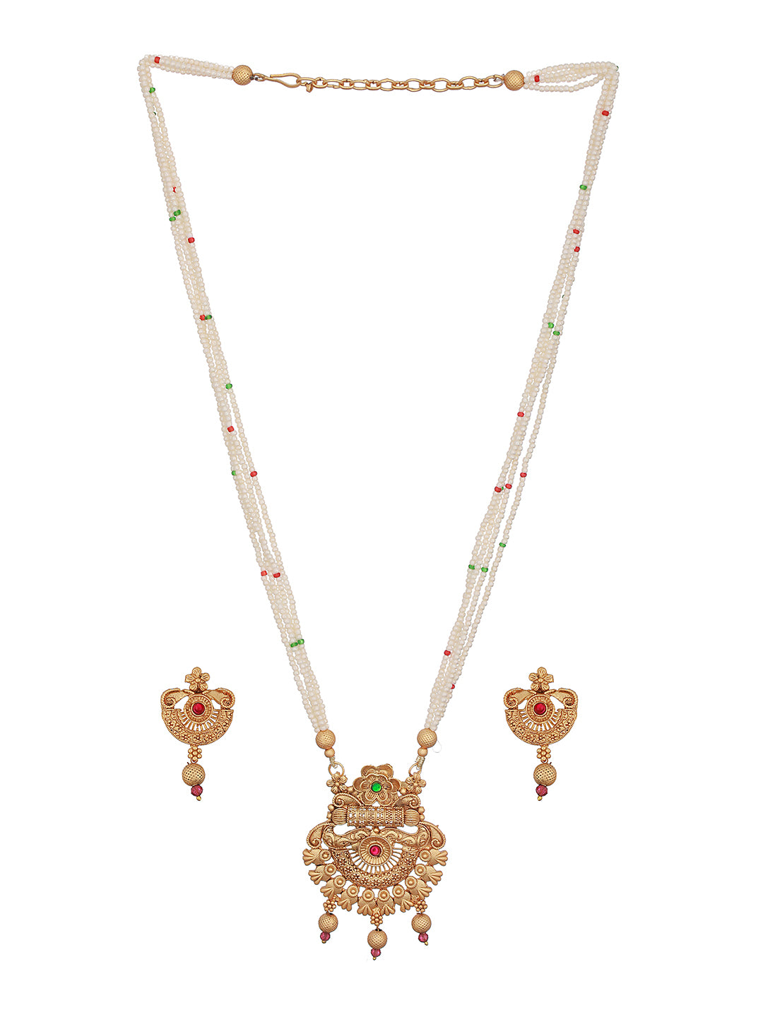 Gold-Plated Red Stone Studded & White Pearl Beaded Traditional Jewellery Set - Jazzandsizzle