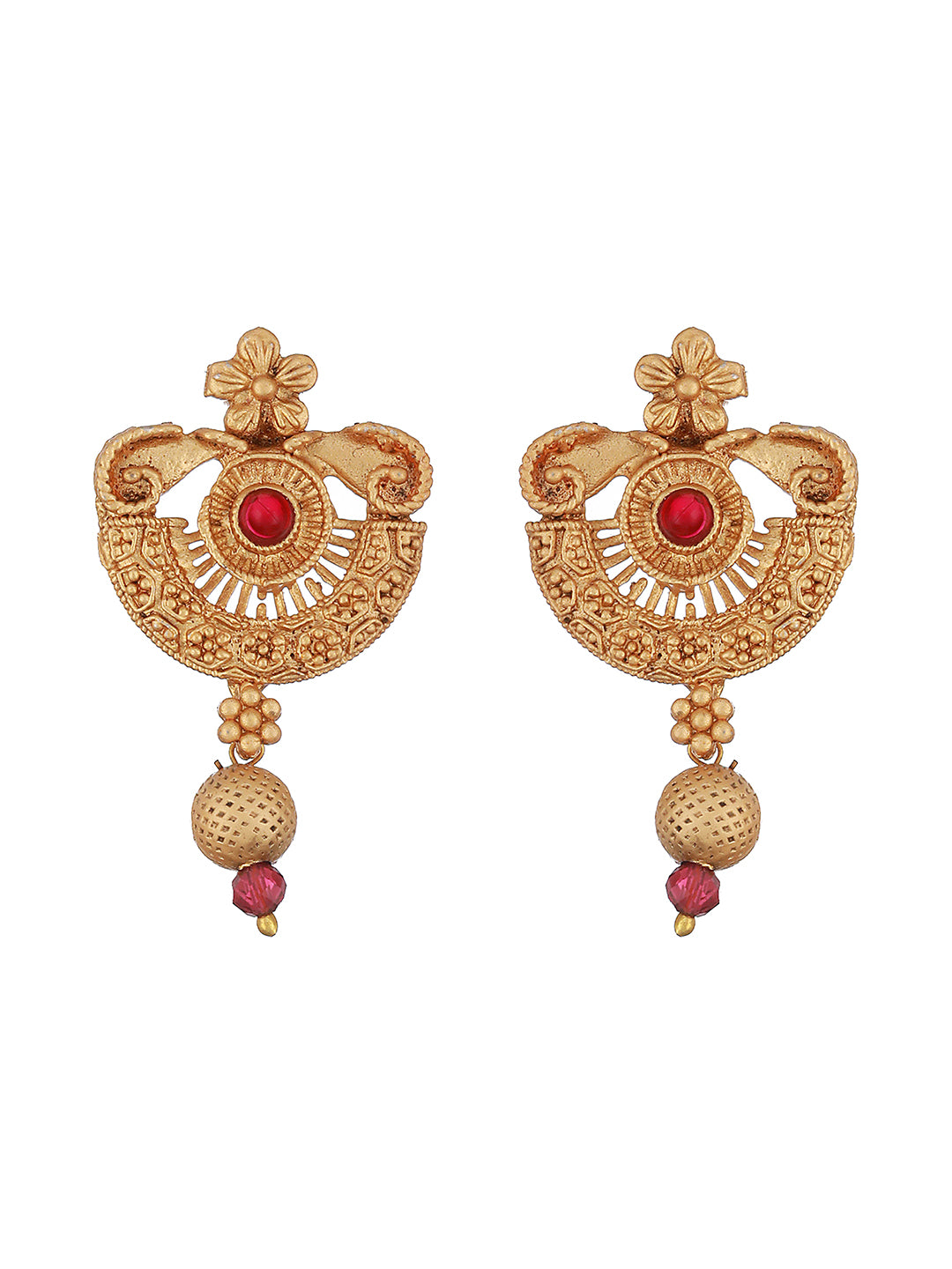 Gold-Plated Red Stone Studded & White Pearl Beaded Traditional Jewellery Set - Jazzandsizzle