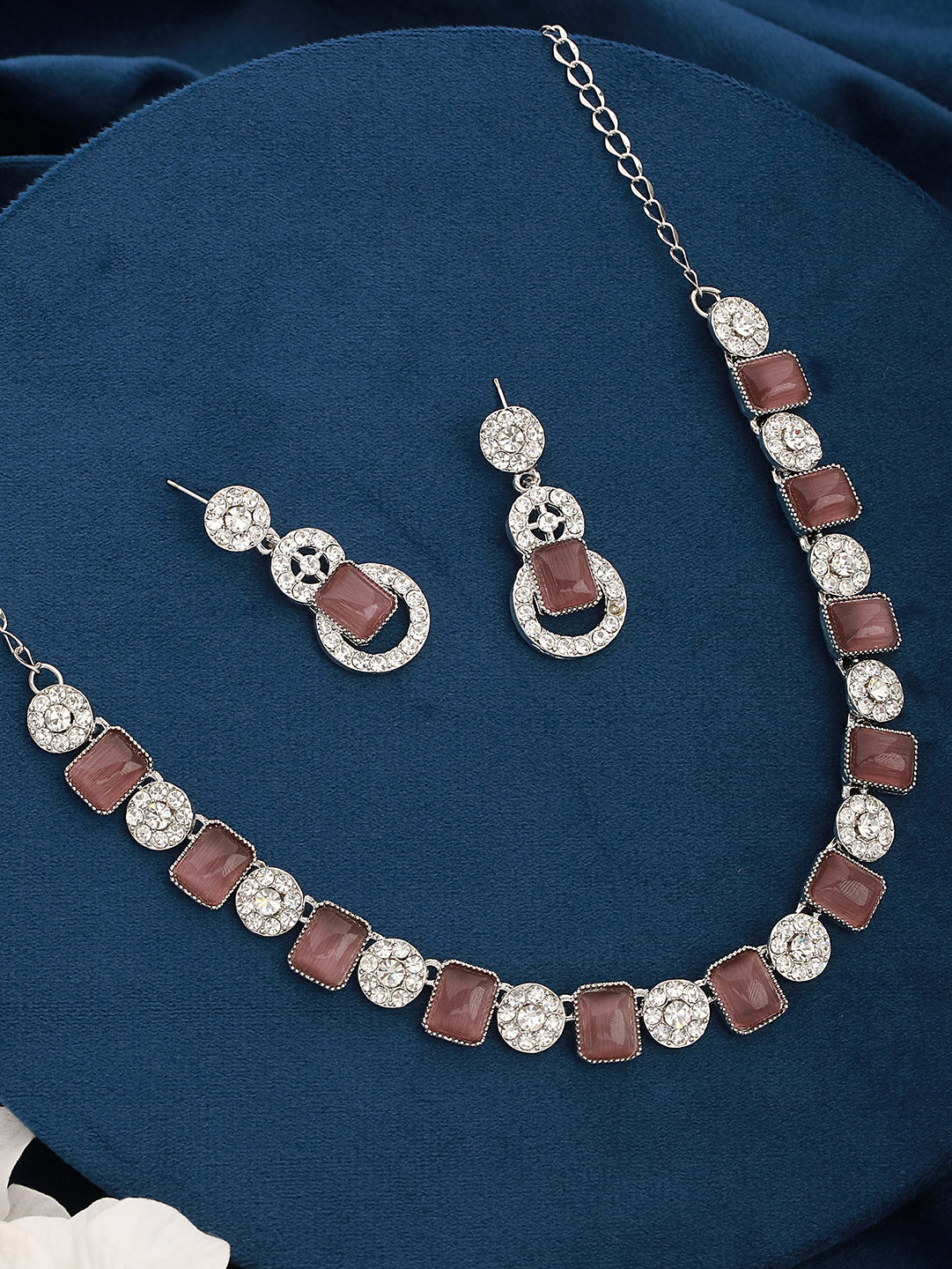 Silver-Plated Wine Stone & White AD-Studded Necklace and Earrings - Jazzandsizzle