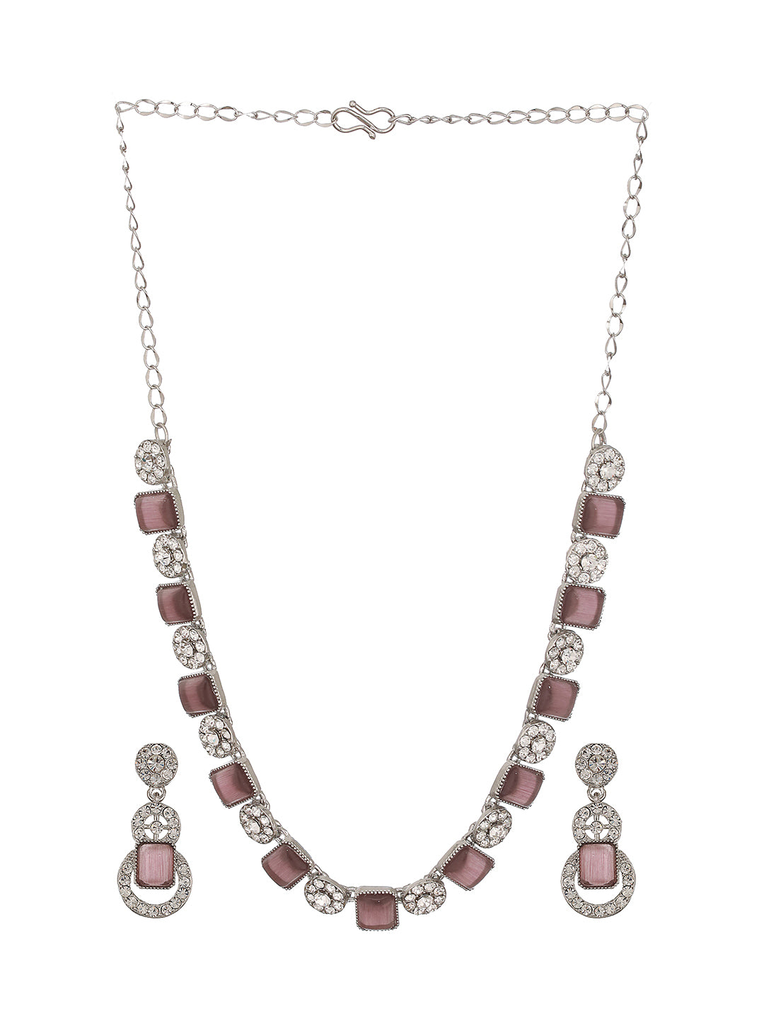 Silver-Plated Wine Stone & White AD-Studded Necklace and Earrings - Jazzandsizzle