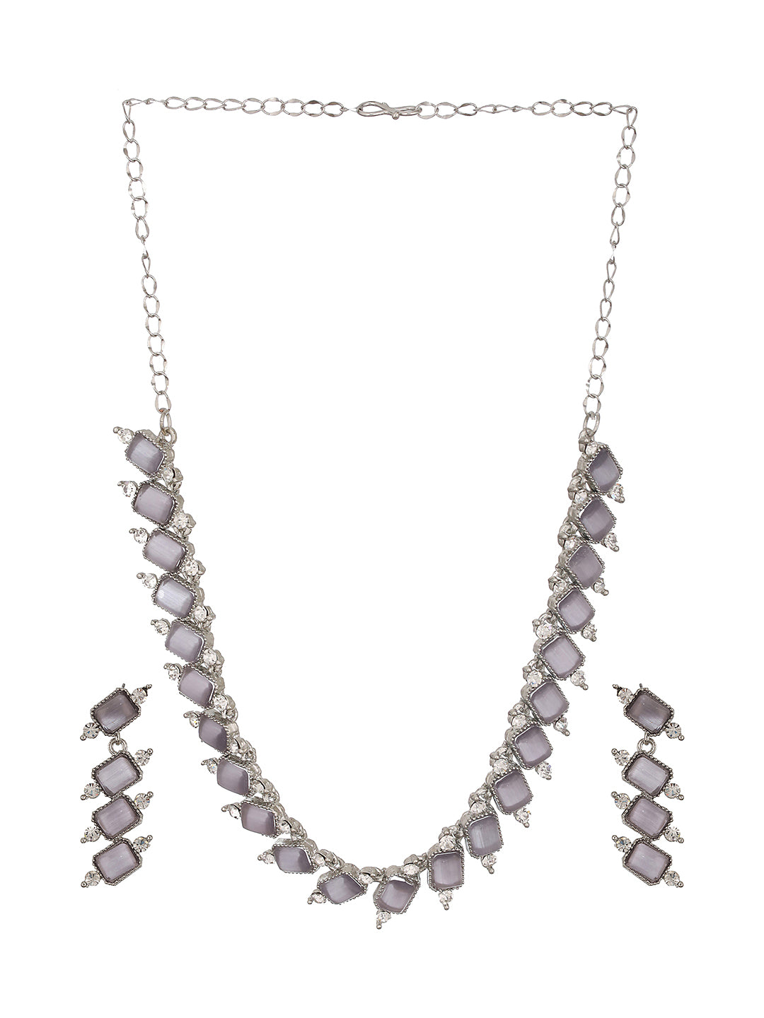 Silver-Plated Grey Stone & White AD-Studded Necklace and Earrings - Jazzandsizzle