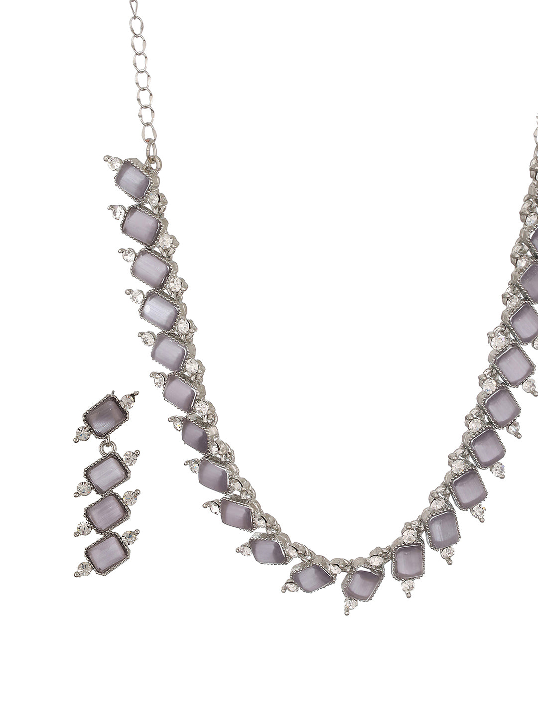 Silver-Plated Grey Stone & White AD-Studded Necklace and Earrings - Jazzandsizzle