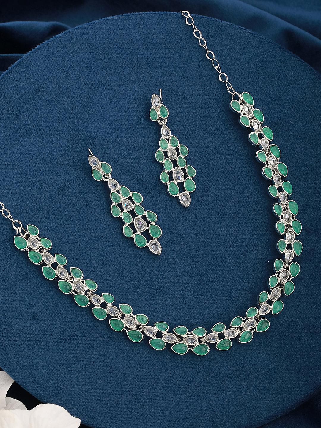 Silver-Plated Green & White AD-Studded Necklace and Earrings - Jazzandsizzle