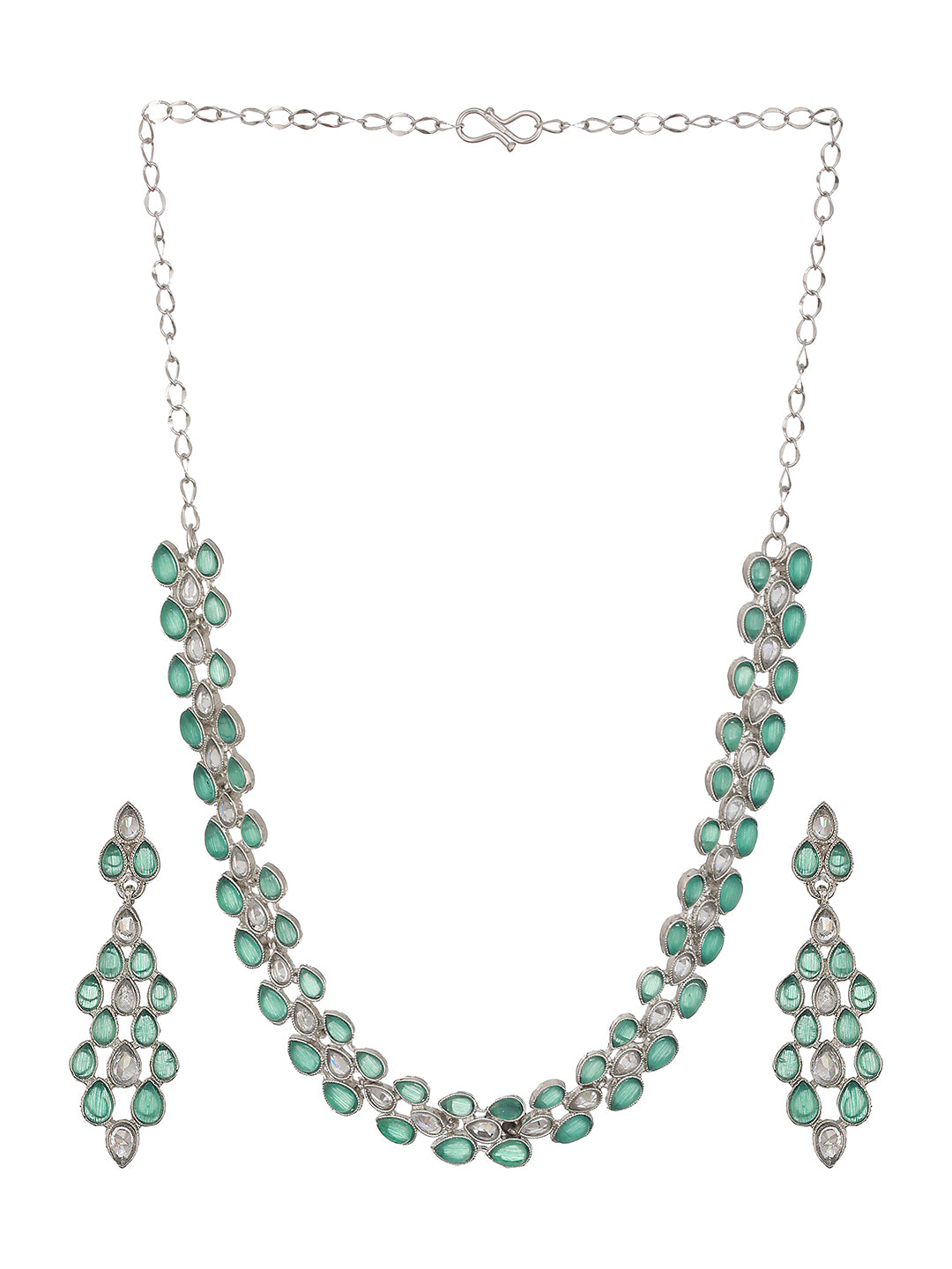 Silver-Plated Green & White AD-Studded Necklace and Earrings - Jazzandsizzle