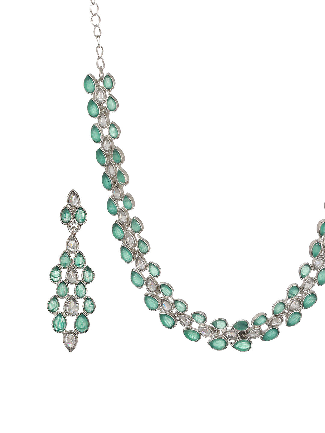 Silver-Plated Green & White AD-Studded Necklace and Earrings - Jazzandsizzle