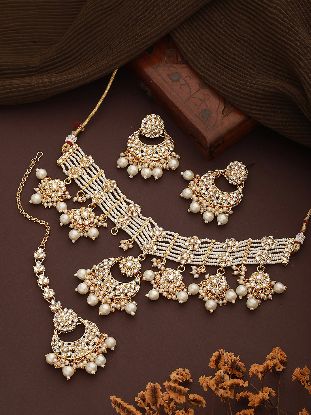 Gold-Plated Kundan-Studded & Pearl Beaded Handcrafted Jewellery Set With Maangtikka - Jazzandsizzle