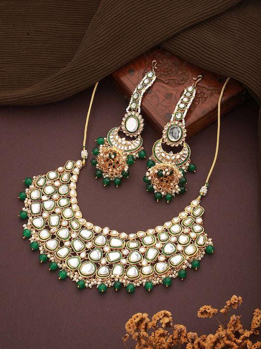 Gold-Plated Green & White Kundan-Studded & Beaded Handcrafted Jewellery Set - Jazzandsizzle