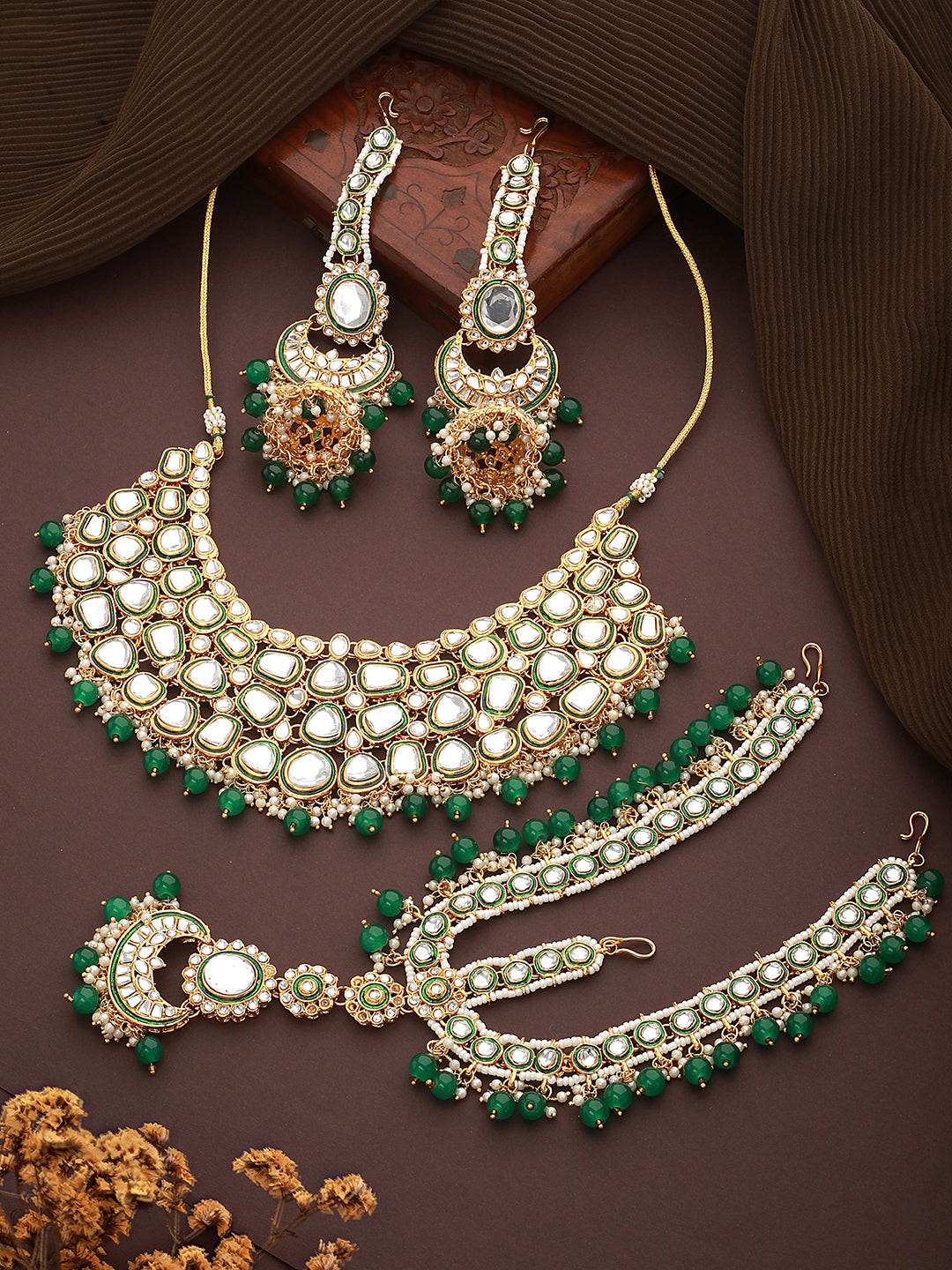 Gold-Plated Green & White Kundan-Studded & Beaded Handcrafted Jewellery Set - Jazzandsizzle