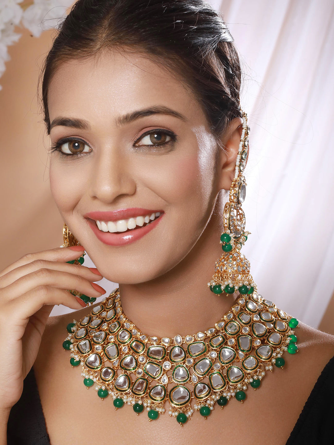 Gold-Plated Green & White Kundan-Studded & Beaded Handcrafted Jewellery Set - Jazzandsizzle