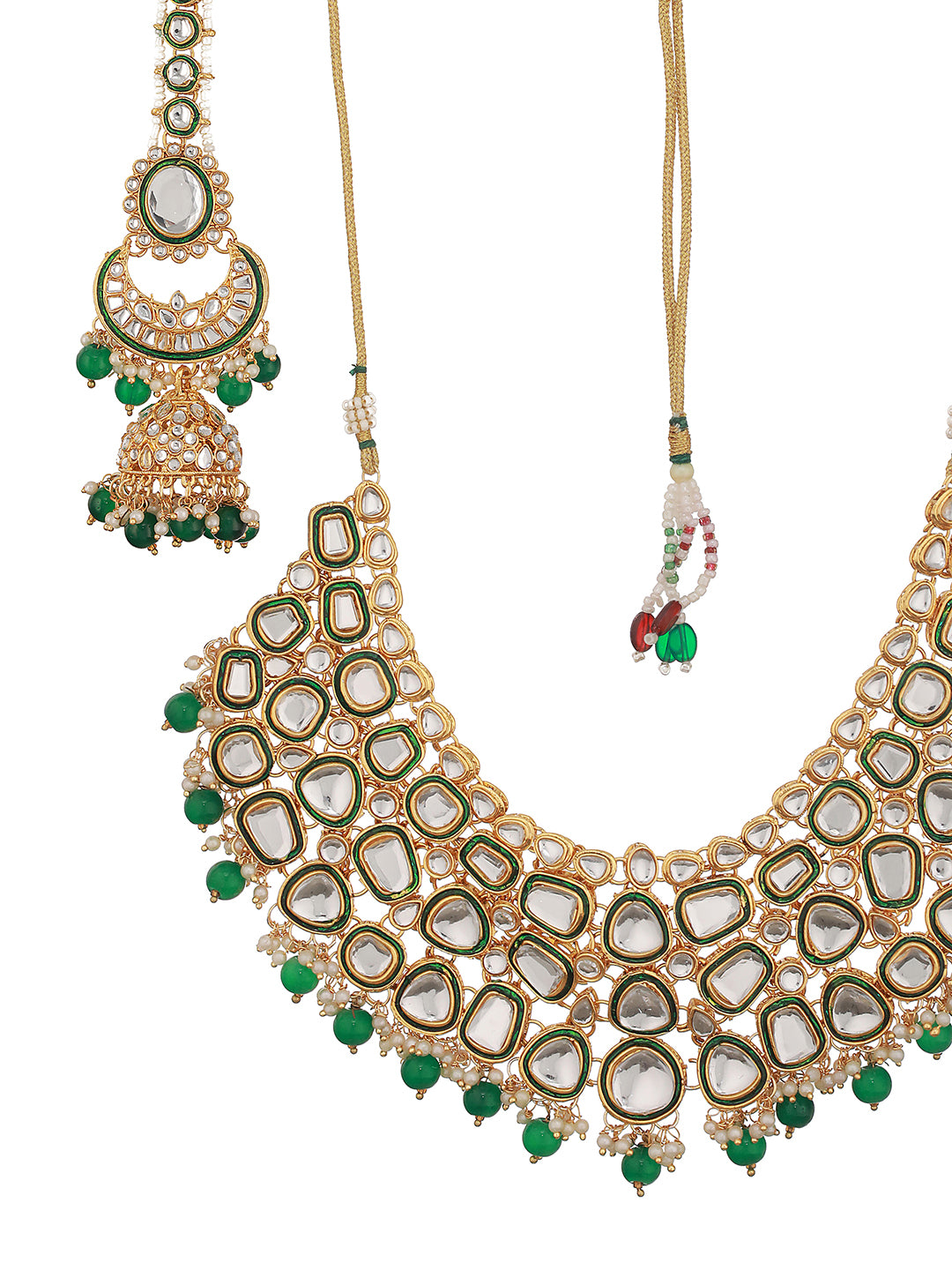 Gold-Plated Green & White Kundan-Studded & Beaded Handcrafted Jewellery Set - Jazzandsizzle