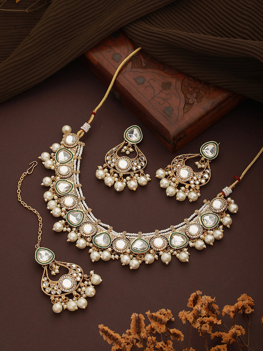 Gold-Plated White Kundan-Studded & Pearl Beaded Choker Jewellery Set - Jazzandsizzle