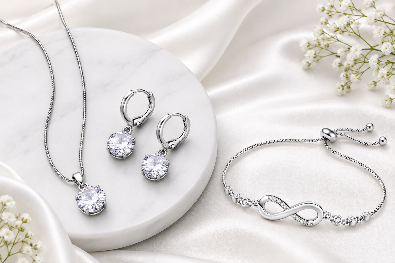Silver-Toned Crystal Pendant Necklace, Drop Earrings & Infinity Bracelet Combo Set for Women-WJ-JS26-NL0180