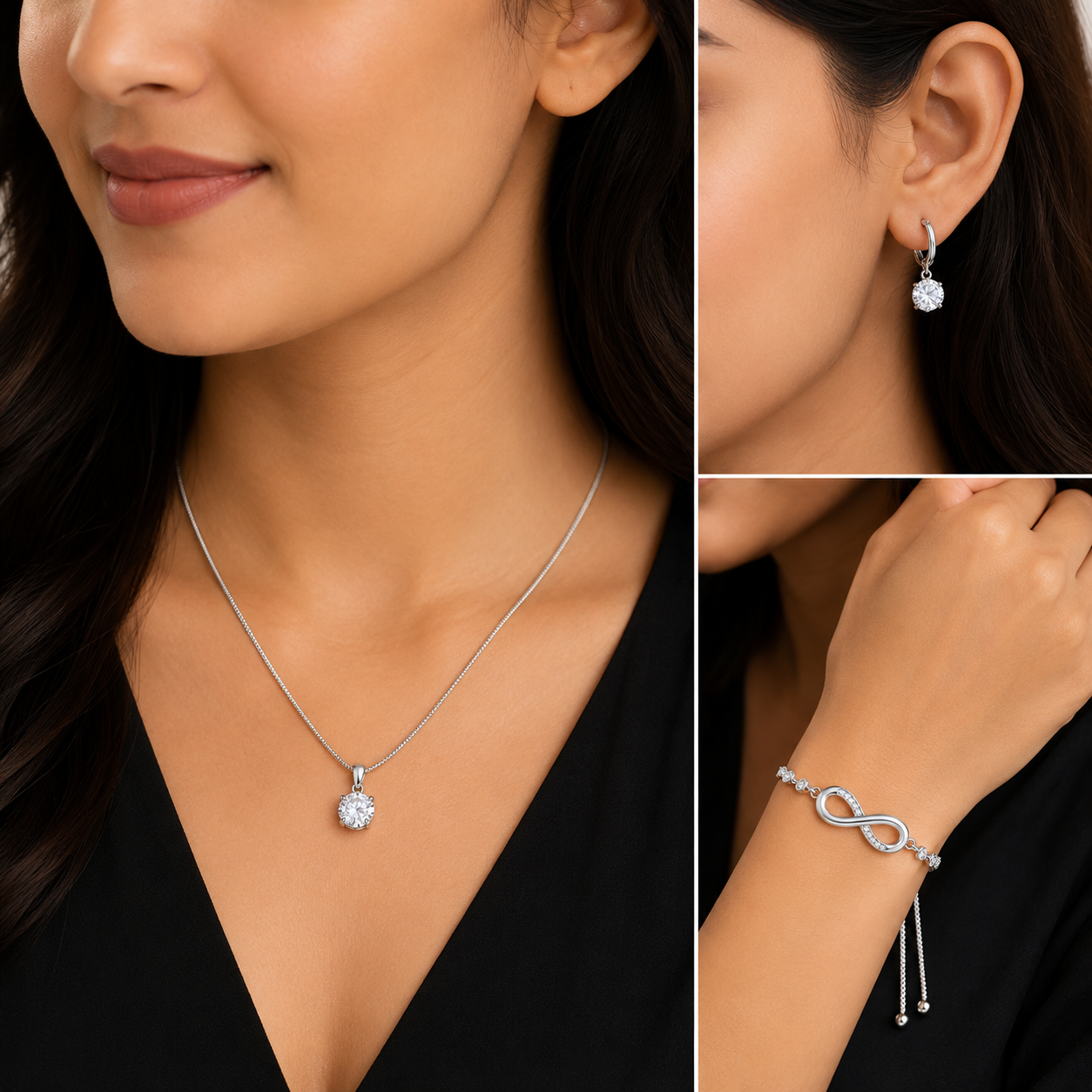Silver-Toned Crystal Pendant Necklace, Drop Earrings & Infinity Bracelet Combo Set for Women-WJ-JS26-NL0180