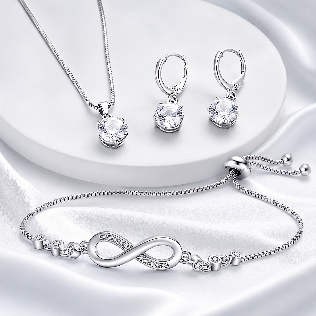 Silver-Toned Crystal Pendant Necklace, Drop Earrings & Infinity Bracelet Combo Set for Women-WJ-JS26-NL0180