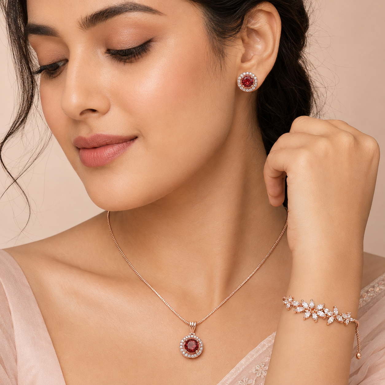 Rose Gold-Toned Red Crystal Pendant Necklace, Stud Earrings & Floral Bracelet Combo Set for Women-WJ-JS26-NL0181