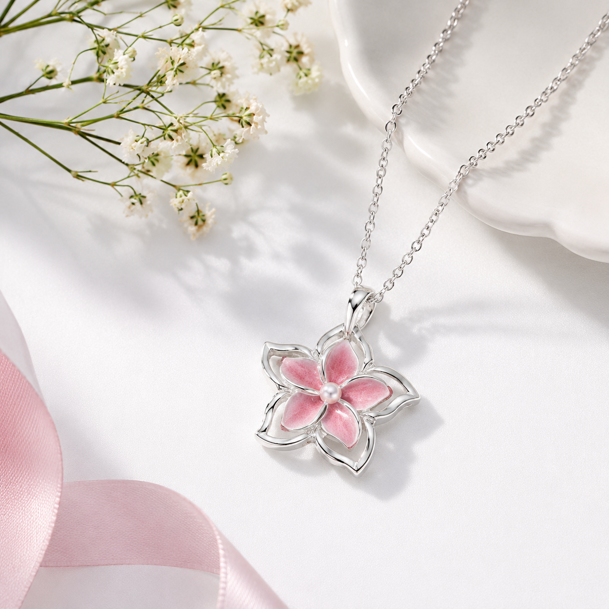 Silver-Toned Pink Floral Pendant Necklace for Women & Girls-WJ-JS26-NL0184