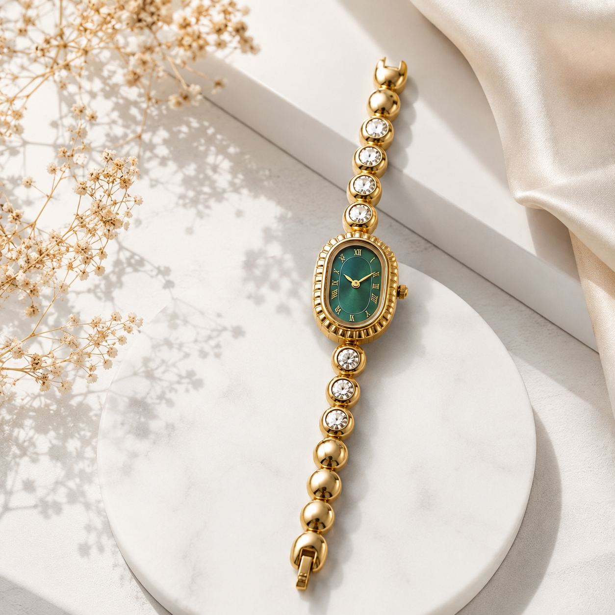 Women's Anti-Tarnish Gold-Plated Green Oval Dial Bracelet Watch | Crystal-Studded Elegant Wrist Watch for Women & Girls