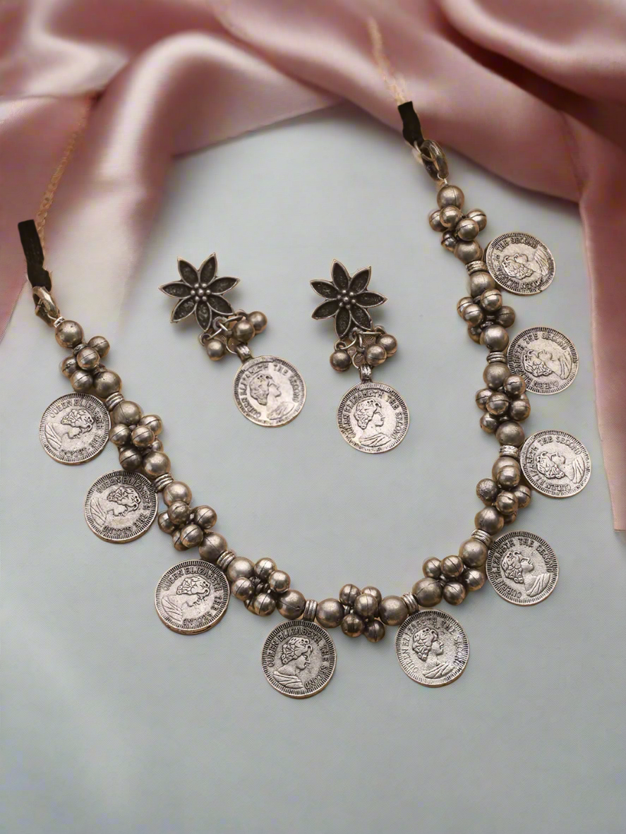 Jazz And Sizzle Oxidized Silver-Plated Coin &amp; Beaded Jewellery Set