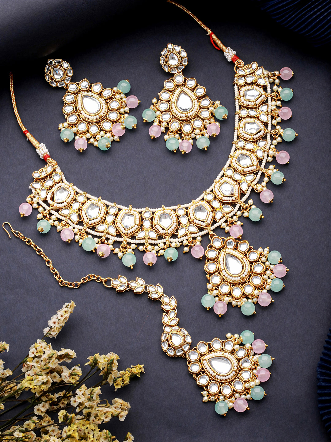 Gold Plated Kundan Studded &Amp; Mint Green &Amp; Baby Pink Pearl Beaded Choker Jewellery Set With Maangtikka