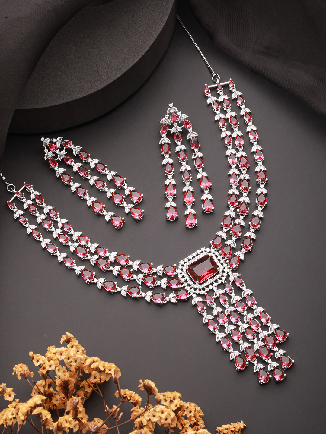 Jazz And Sizzle Silver Plated Red AD Studded Statement Jewelry Set - Jazzandsizzle