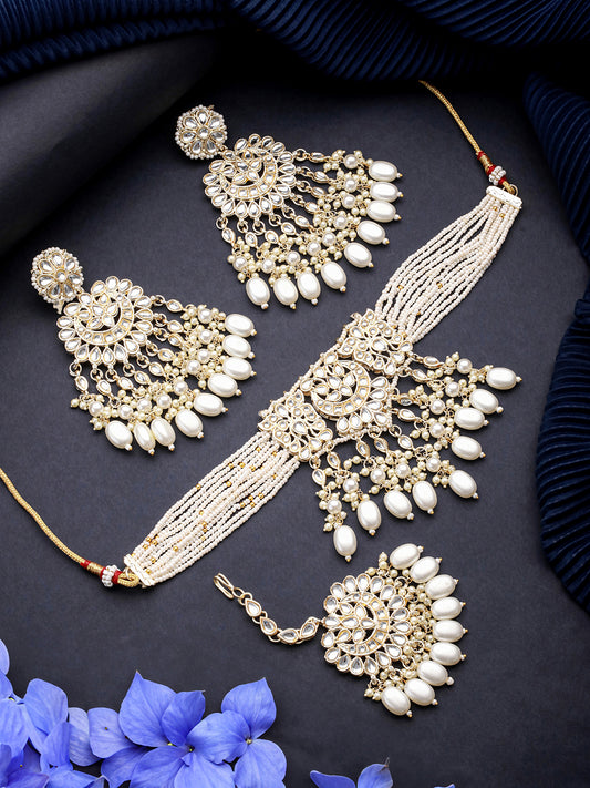 Jazz And Sizzle Gold-Plated Kundan Studded &amp; Pearl Beaded Necklace with Chandbali Earrings Set & Mangtikka