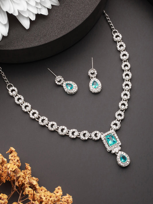 Jazz And Sizzle Rhodium-Plated Green Stone & CZ Studded Jewellery Set - Jazzandsizzle