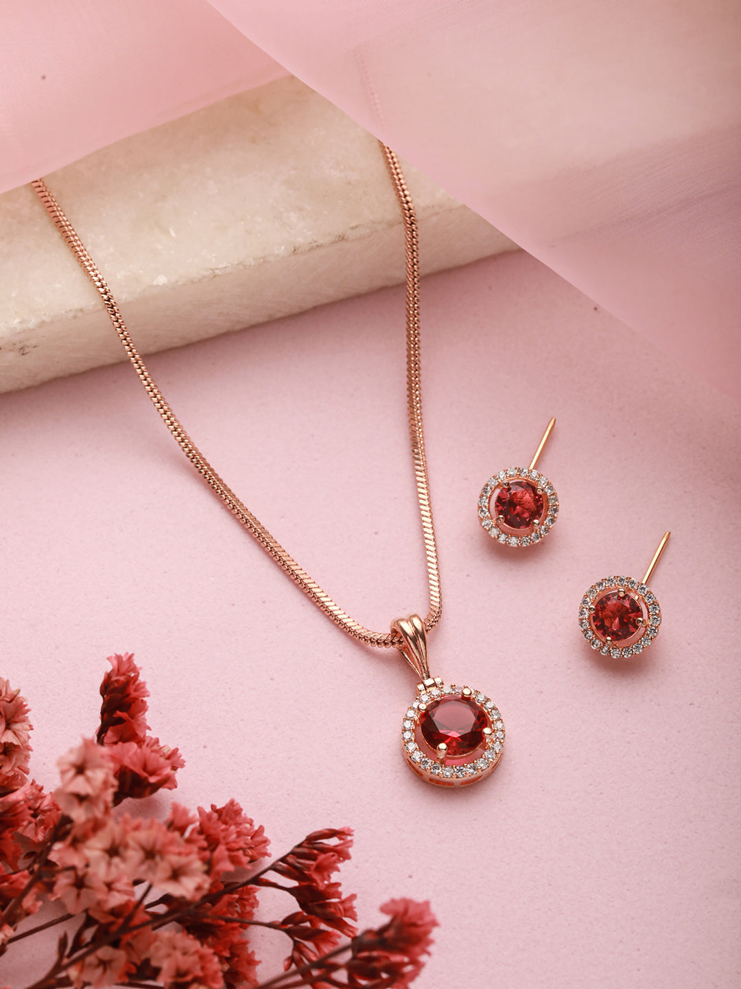 Jazz And Sizzle Rose Gold Plated Marron American Diamond-Studded Pendent  Jewelry Set