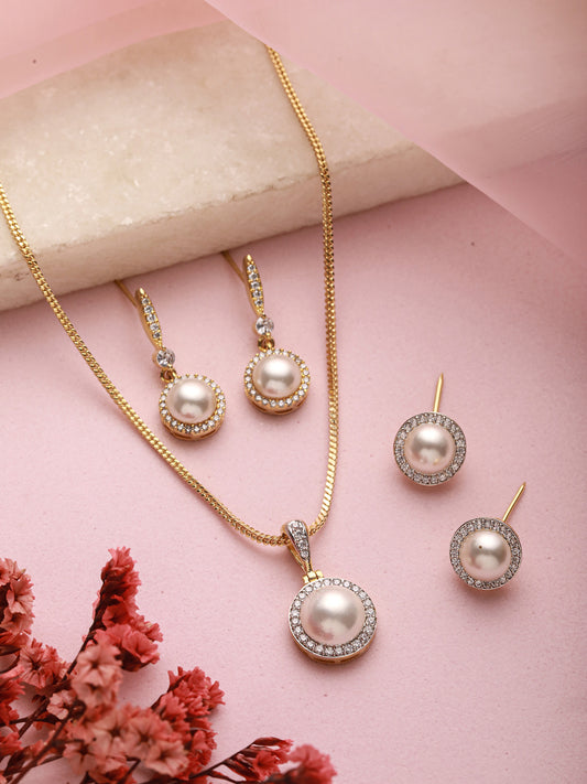 Jazz And Sizzle Rose Gold Plated & White American Diamond-Studded Pendent Set with Drop & Stud Earrings