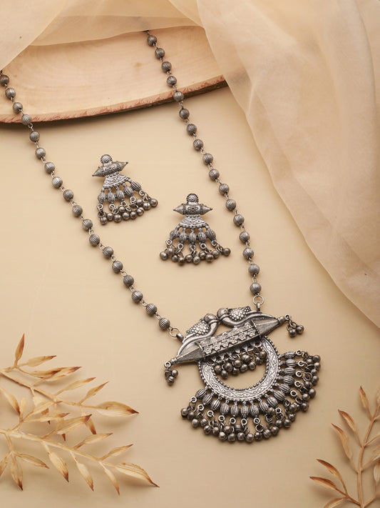 Jazz And Sizzle Oxidized Silver-Plated Artificial Stone Beaded Peacock Shaped Jewelry Set - Jazzandsizzle