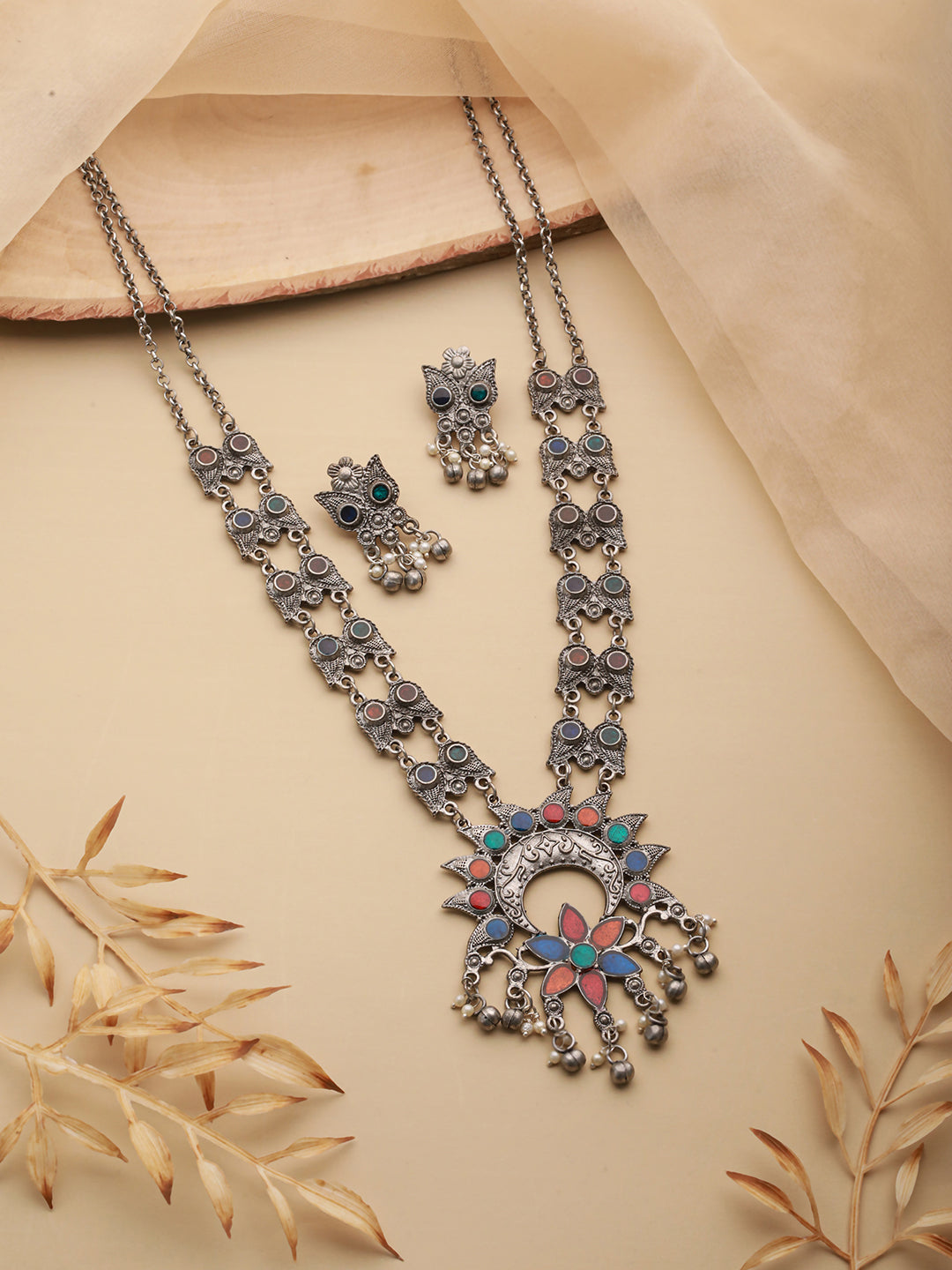 Jazz And Sizzle Oxidized Silver-Plated & Ghungroo Beaded Floral Jewelry Set