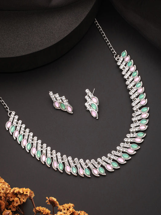 Jazz And Sizzle Silver-Plated Mint Green & Pink Stone & CZ Studded Jewelry Set - Jazzandsizzle