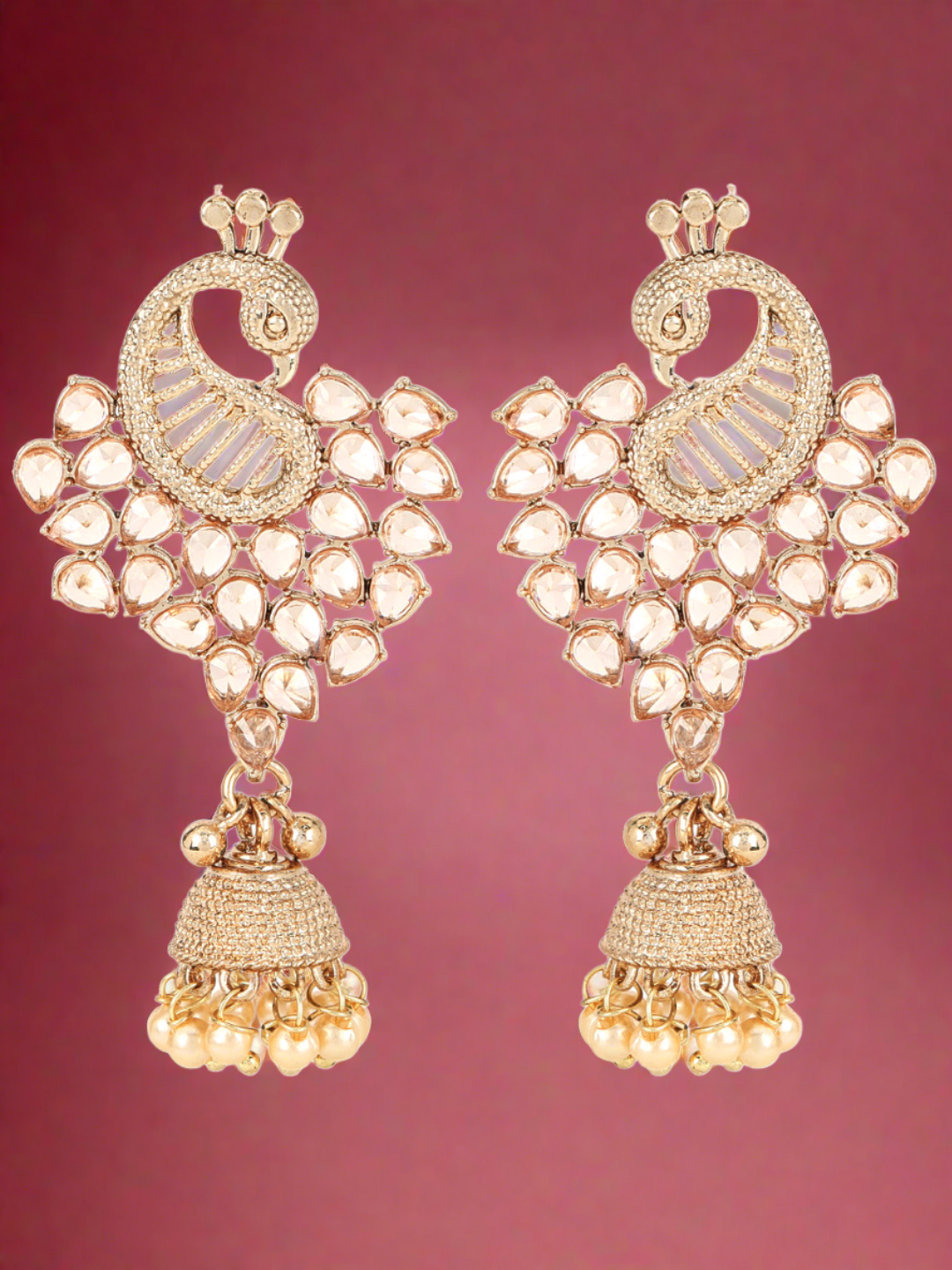 Jazz And Sizzle Gold-Plated CZ Studded Pearl Beaded Peacock Shaped Jhumka Drop Earrings - Jazzandsizzle