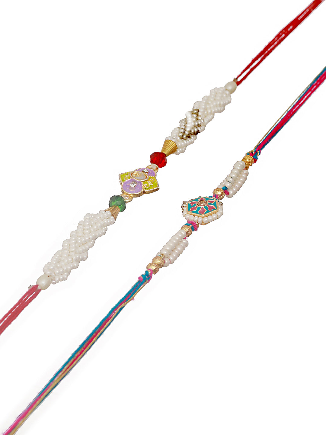 Jazz And Sizzle Set Of 2 Pearl Beaded & Minakari Work Thread Rakhi With Roli & Chawal
