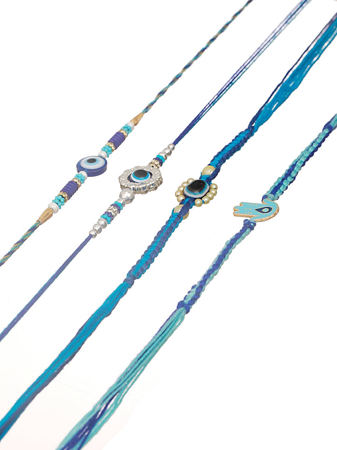 Set Of 4 Intricate Macrame & Faux Pearl Beaded Evil-Eye Rakhi With Roli & Chawal