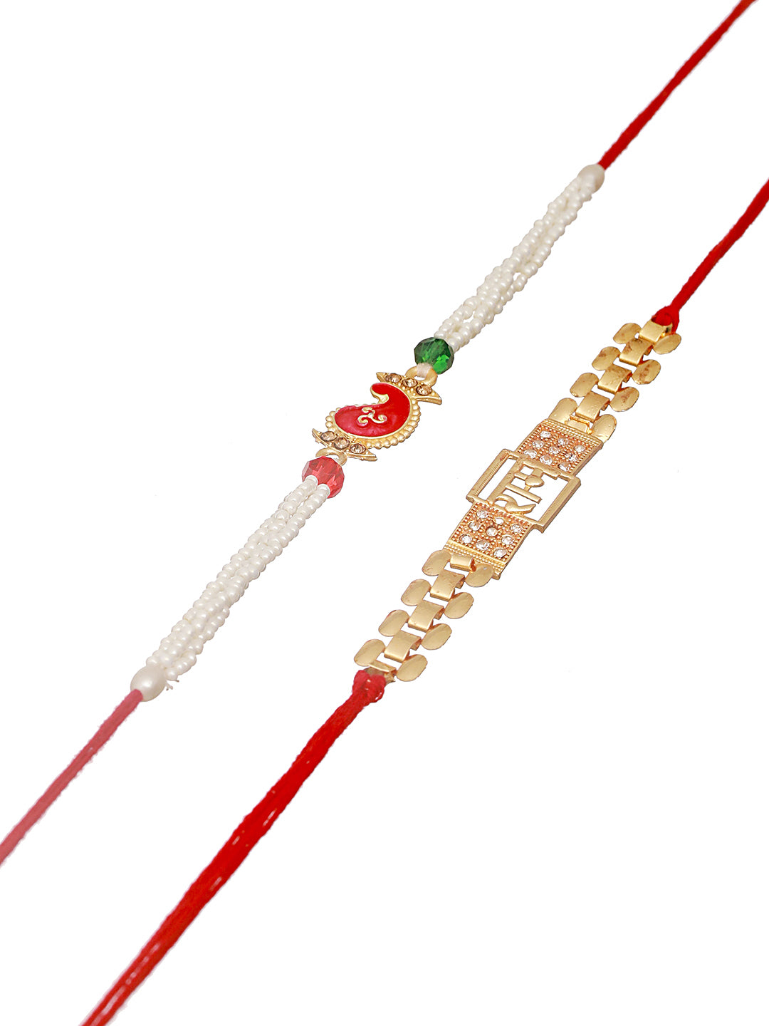 Set Of 2 Gold Toned Ram & Leaf Shaped Pearl Beaded Rakhi With Roli & Chawal