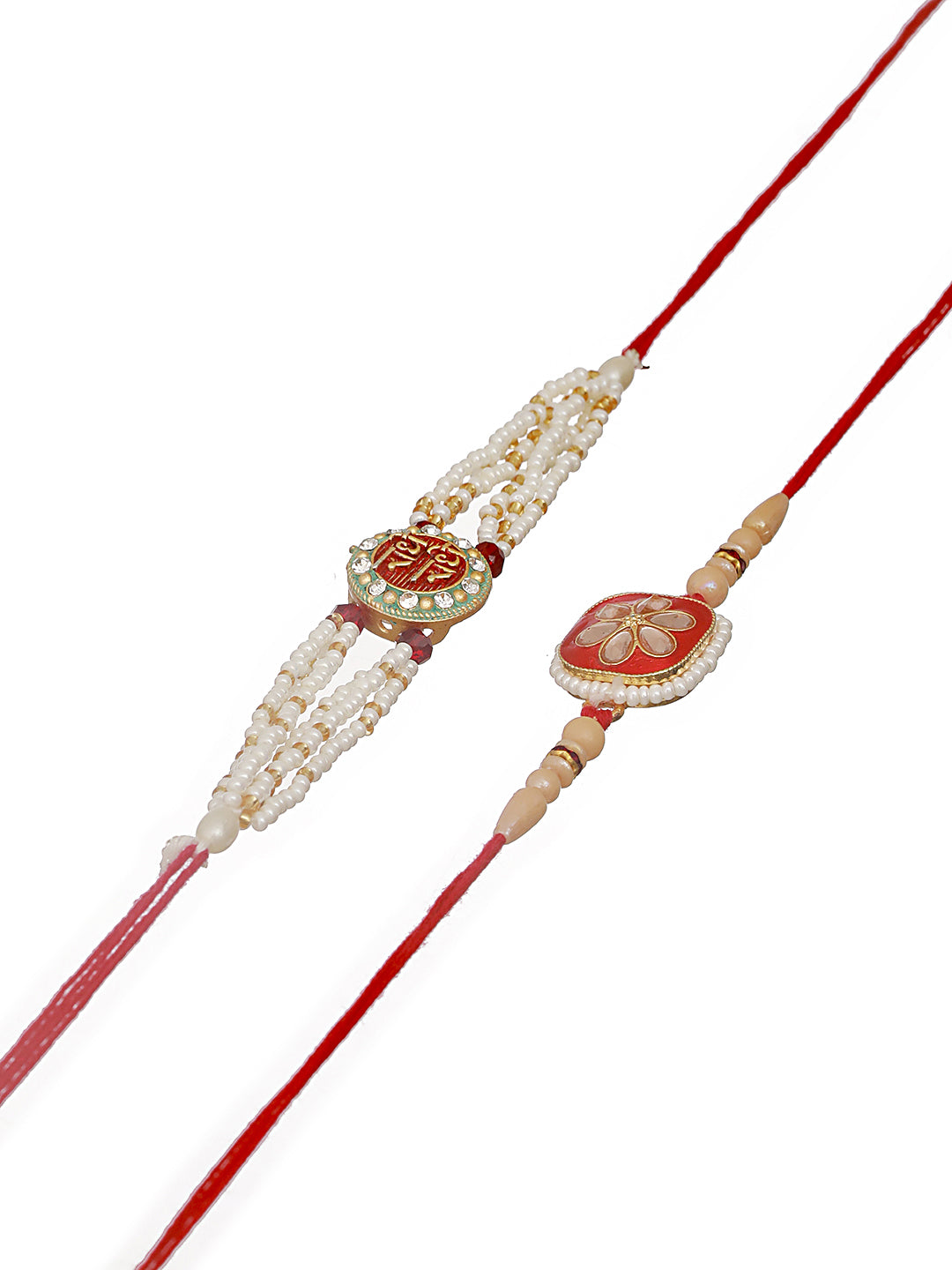 Set Of 2 Floral Multicolored Pearl Beaded And Meena Work Rakhi With Roli & Chawal