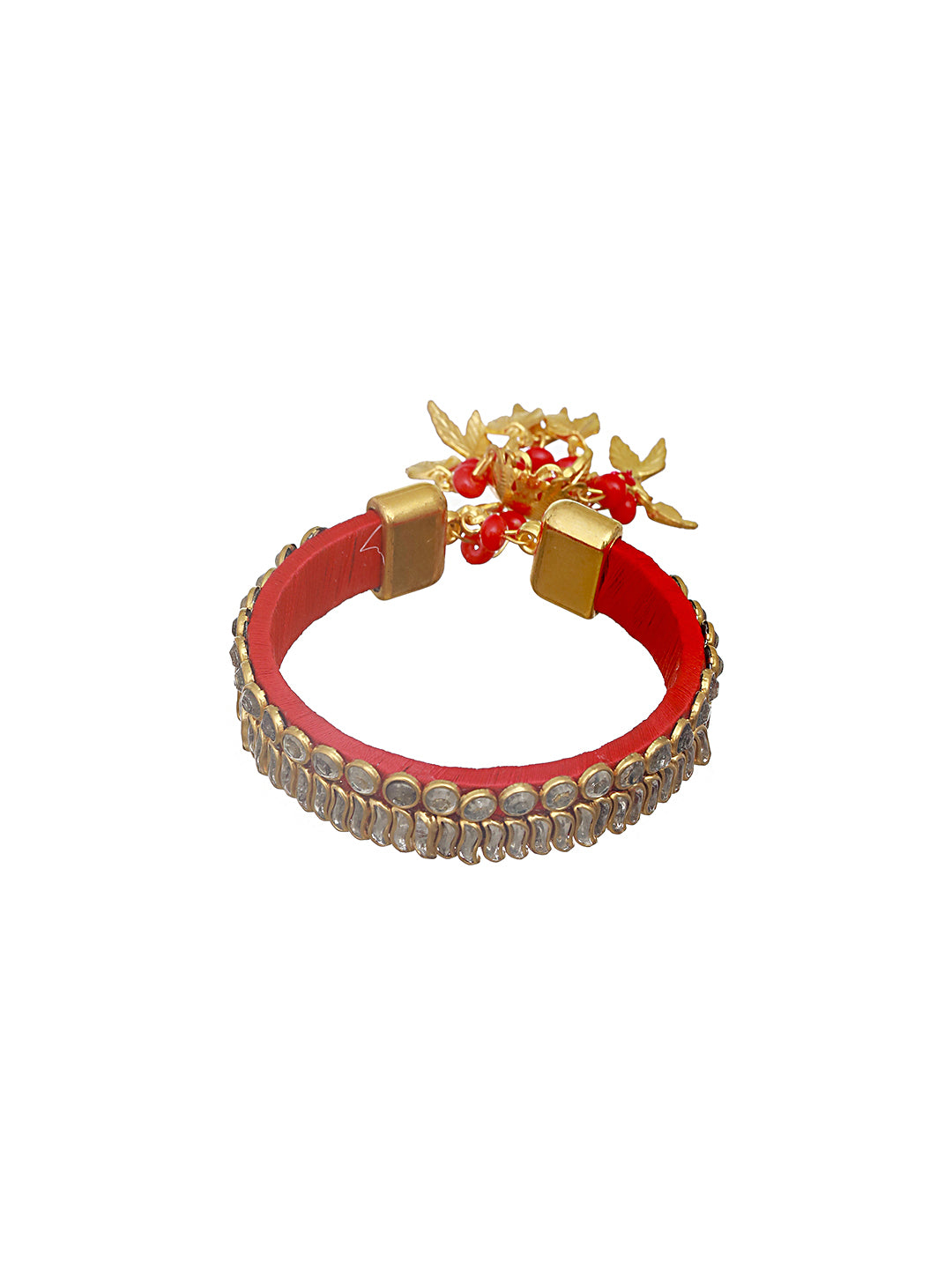 Red & Gold Toned Kundan Studded Bangle-Style Bhabhi Rakhi With Roli Chawal