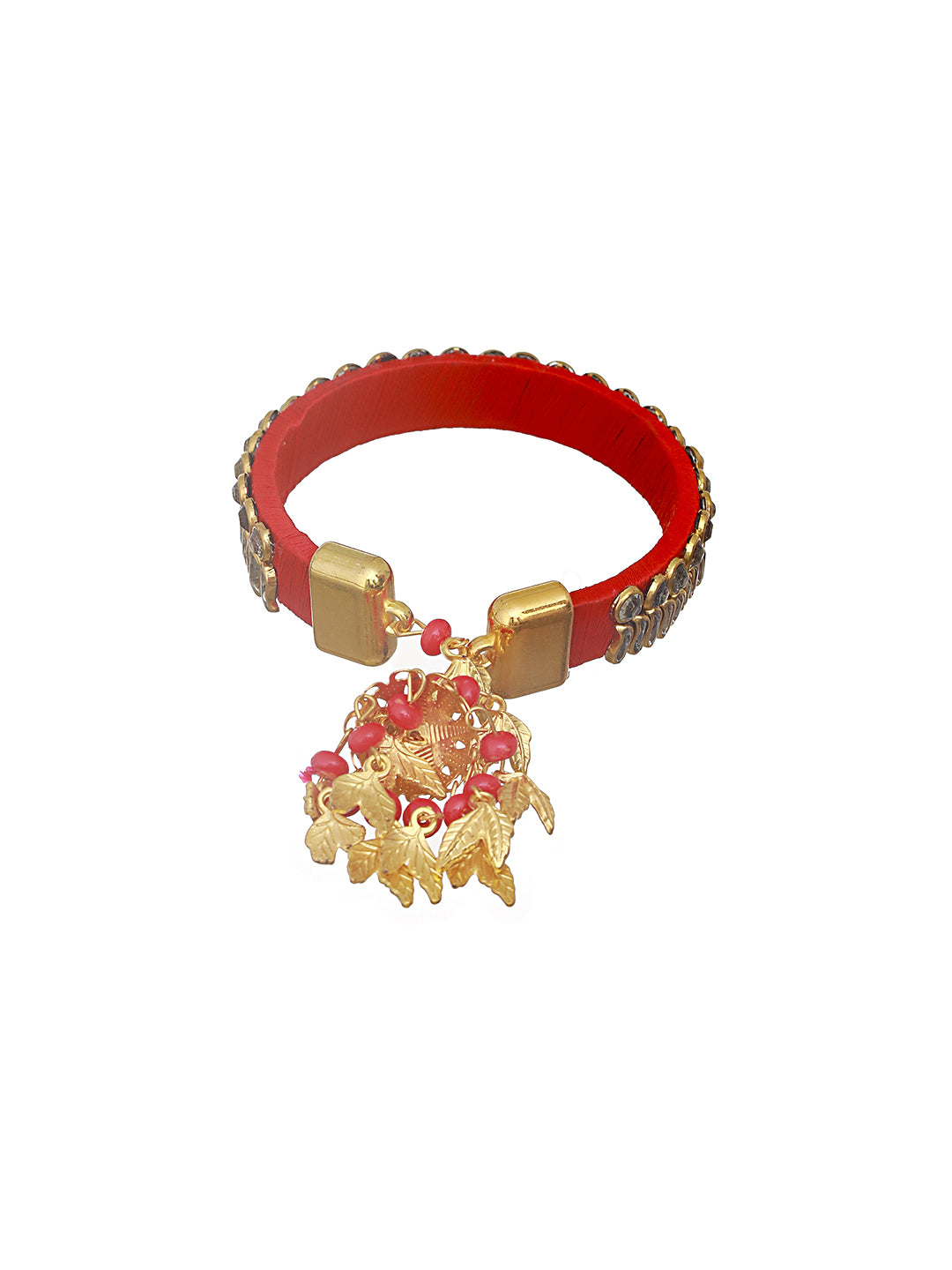 Red & Gold Toned Kundan Studded Bangle-Style Bhabhi Rakhi With Roli Chawal