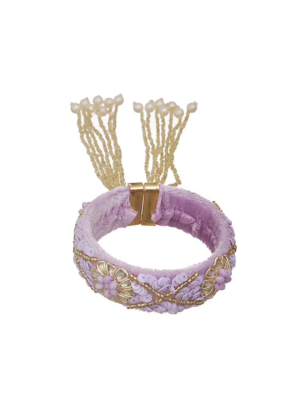 Lilac & Gold Toned Beads Handwork Bangle Style Tassels Bhabhi Rakhi With Roli Chawal