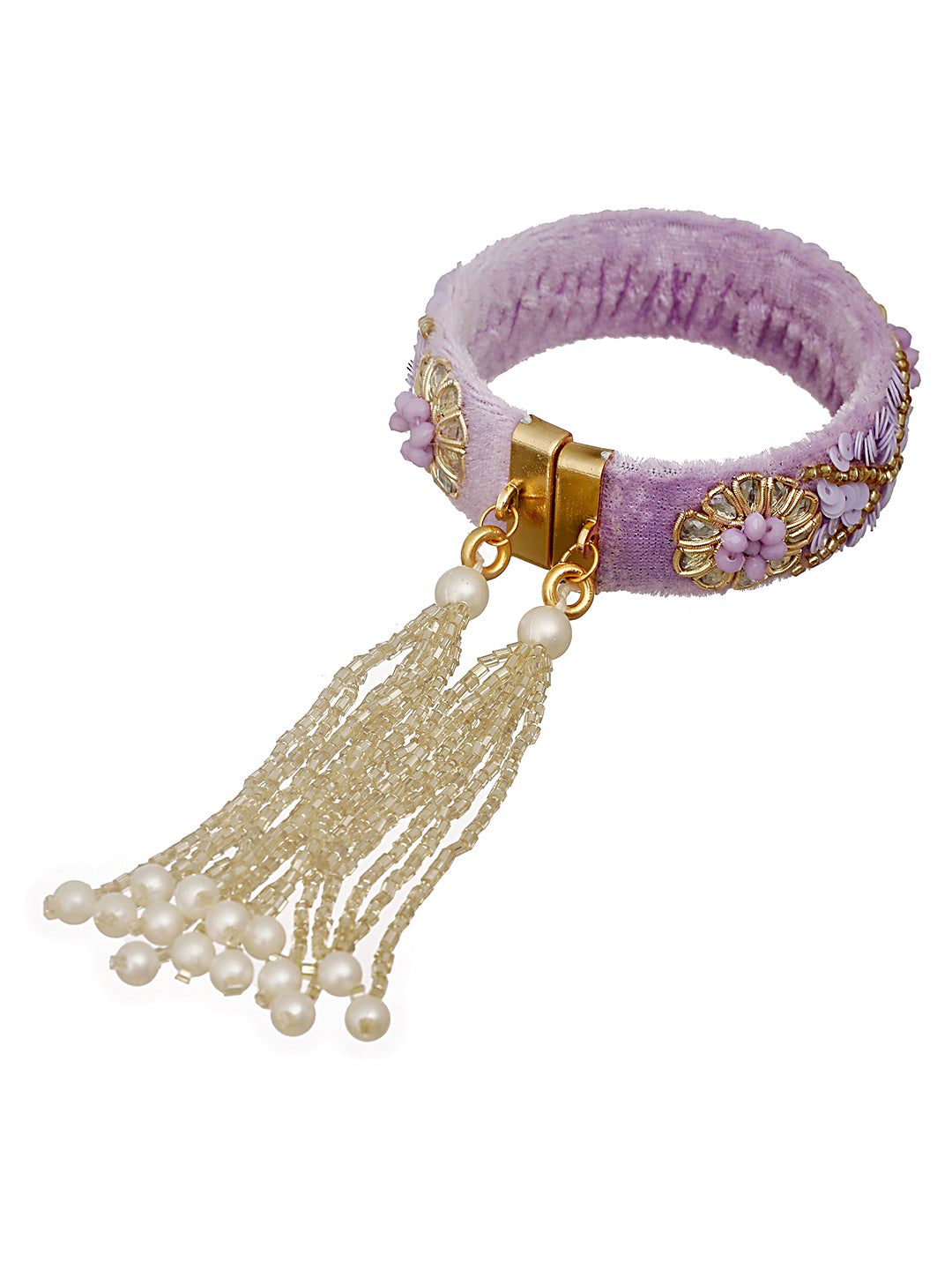 Lilac & Gold Toned Beads Handwork Bangle Style Tassels Bhabhi Rakhi With Roli Chawal