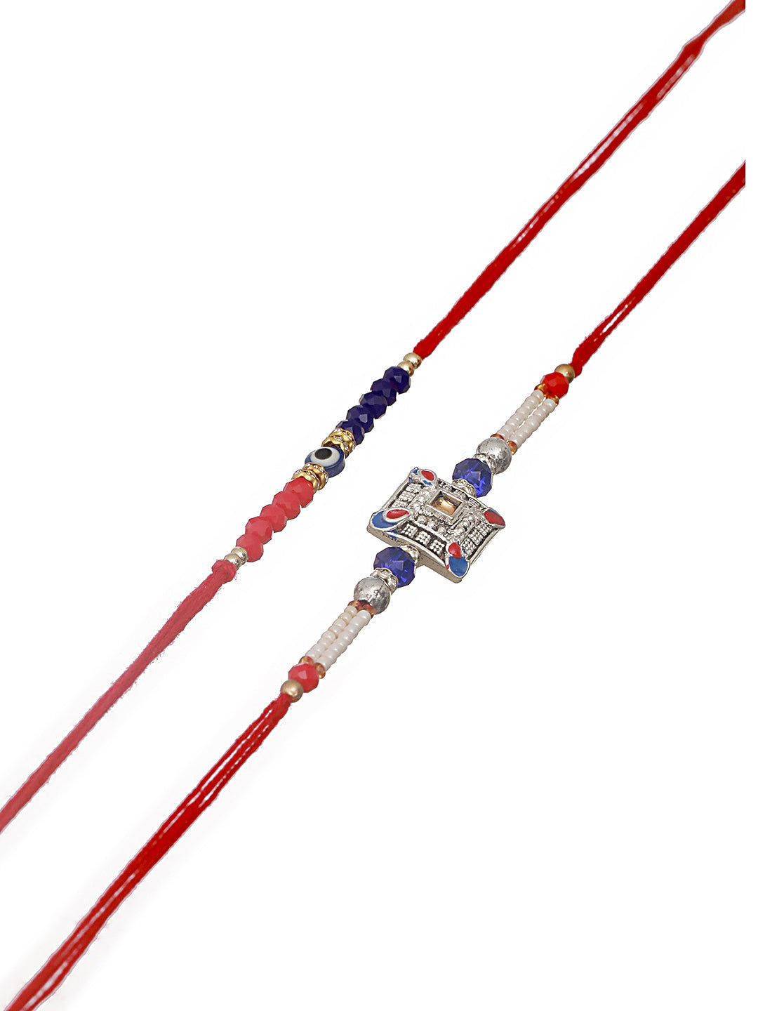 Set Of 2 Enthralling Blue Stone & Beaded Rakhi With Roli Chawal