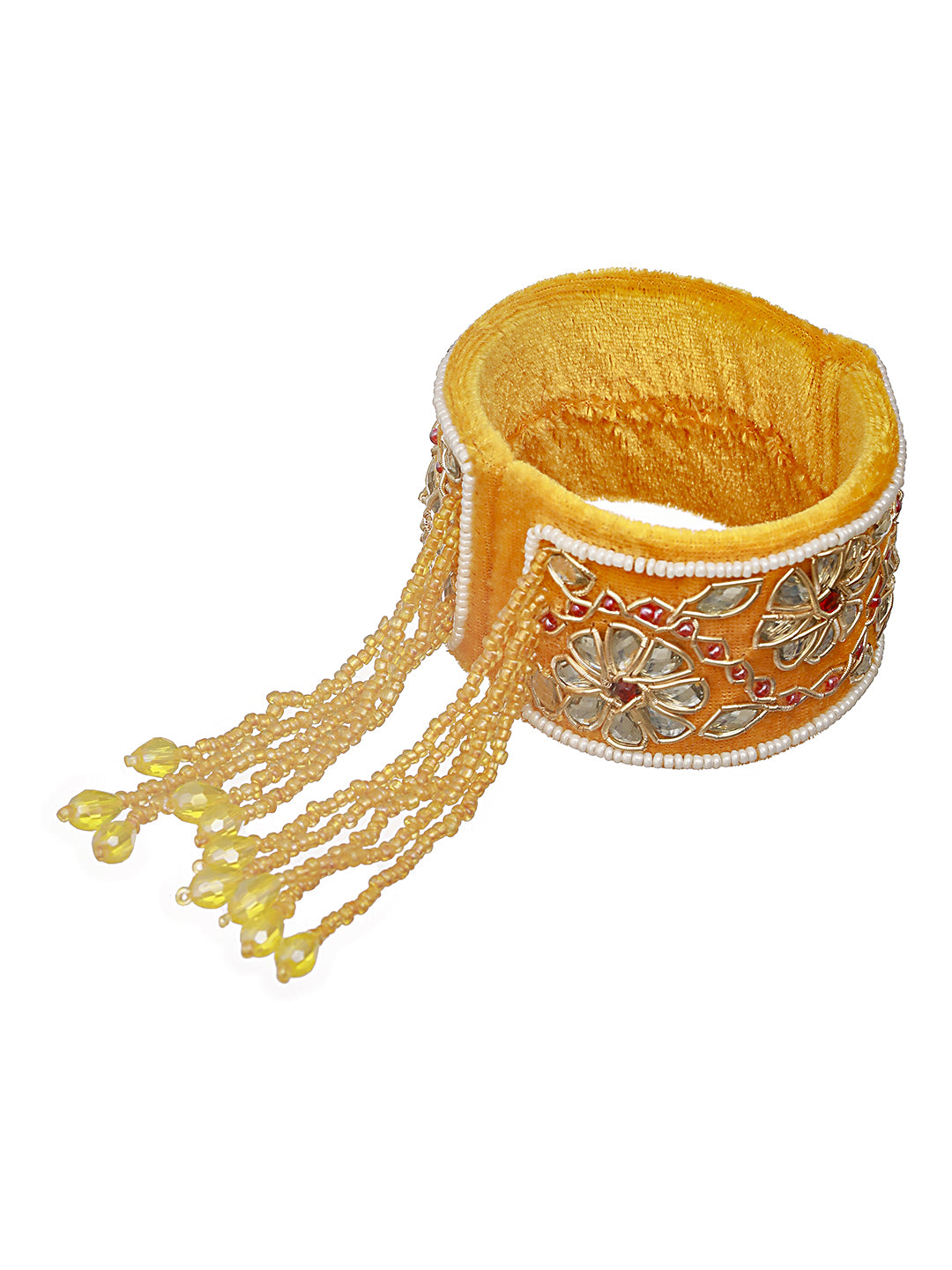 Yellow & Gold Toned Beads Handwork Bangle Style Tassels Bhabhi Rakhi With Roli Chawal