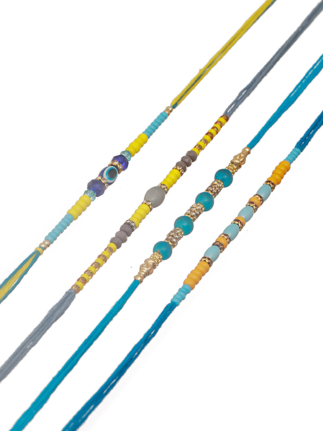 Set Of 4 Multicolored Pearl Beaded Thread Rakhi With Roli Chawal