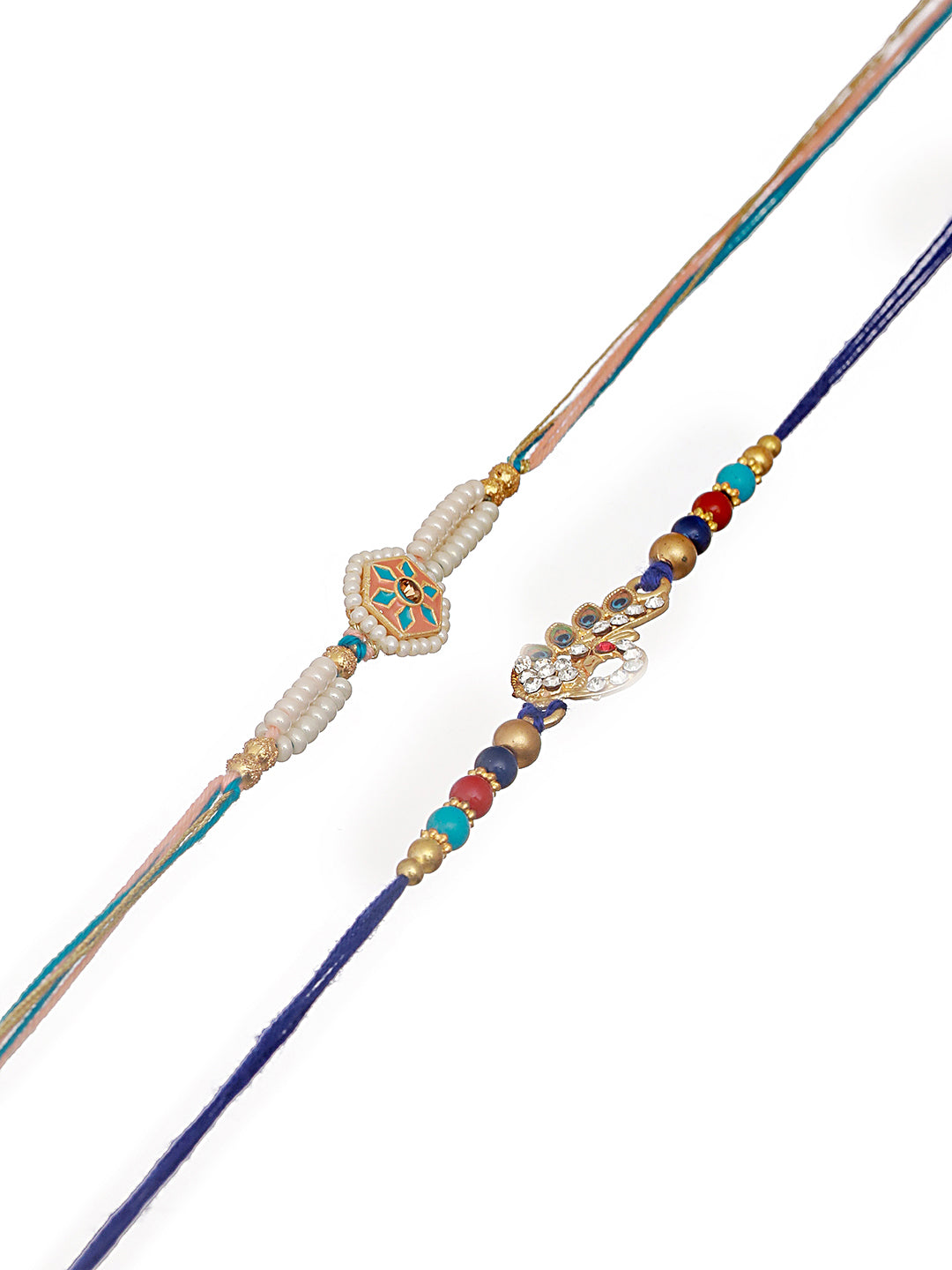 Set Of 2 White Pearl Beaded & Blue Peacock Shaped Designer Rakhi With Roli Chawal