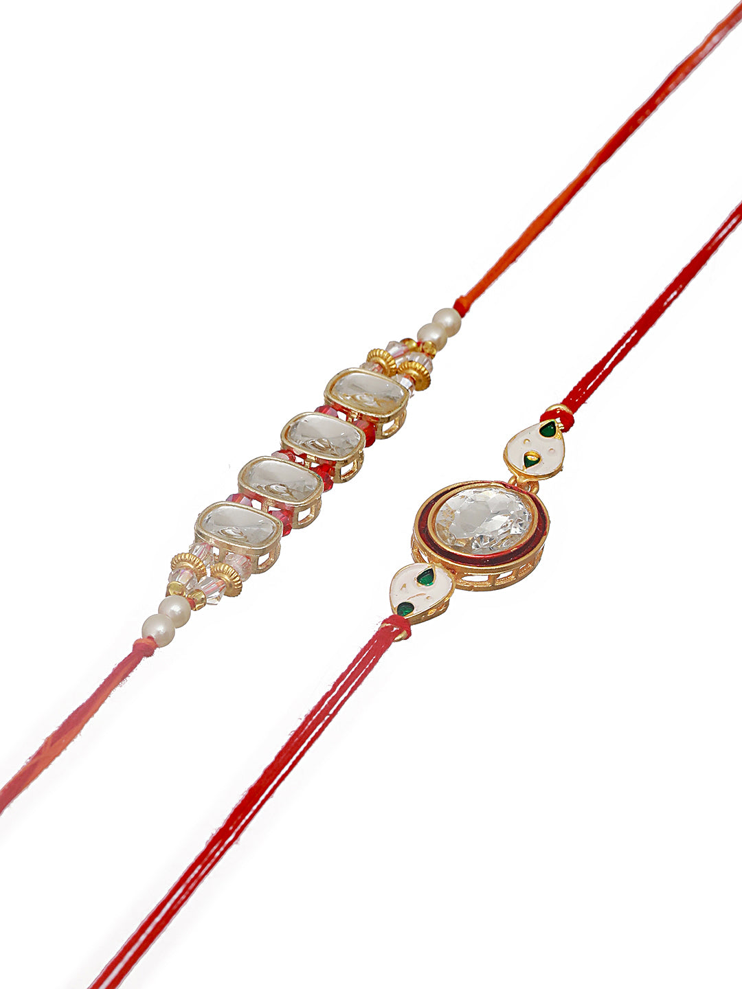 Set Of 2 Gold Toned Classic Kundan Chain & Thread Rakhi With Roli Chawal