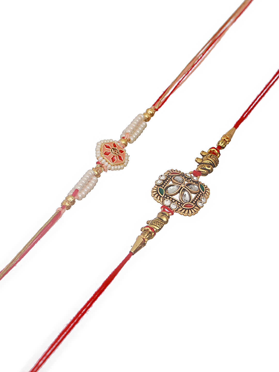 Set Of 2 Stone Embellished & Enamelled Thread Rakhi With Roli Chawal