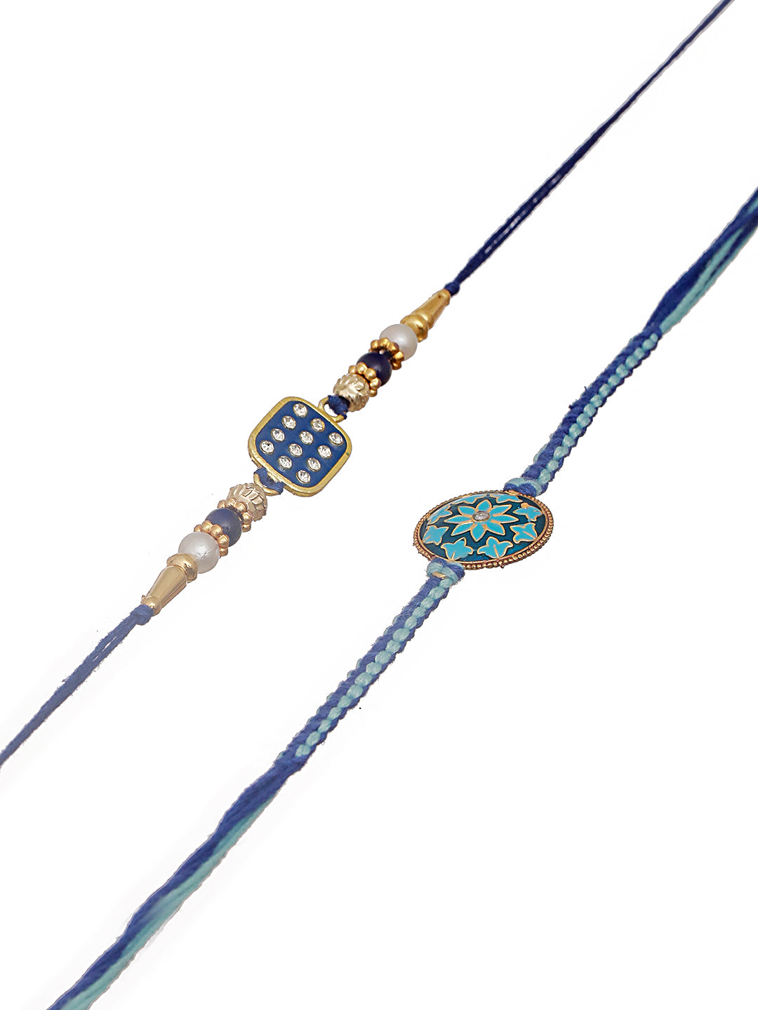 Set Of 2 Blue Enameled & Embellished Designer Beaded Rakhi With Roli Chawal