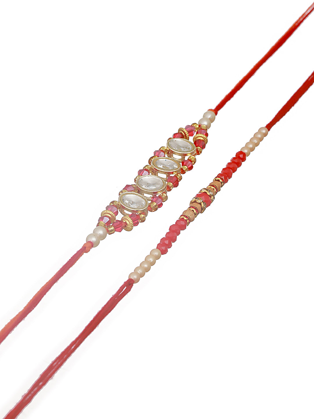 Jazz And Sizzle Set Of 2 Kundan Maroon Pearl Beaded Thread Rakhi With Roli Chawal