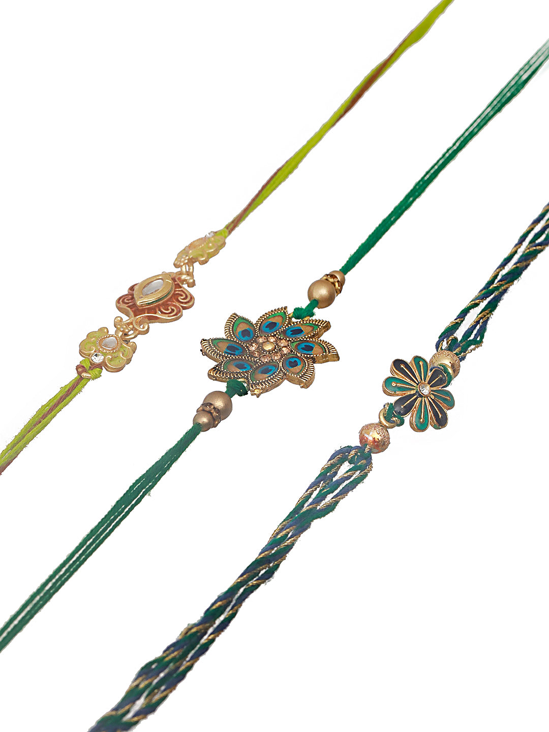 Set Of 3 Unisex Gold-Toned & Green Leafy Designer Beaded Rakhi With Roli Chawal