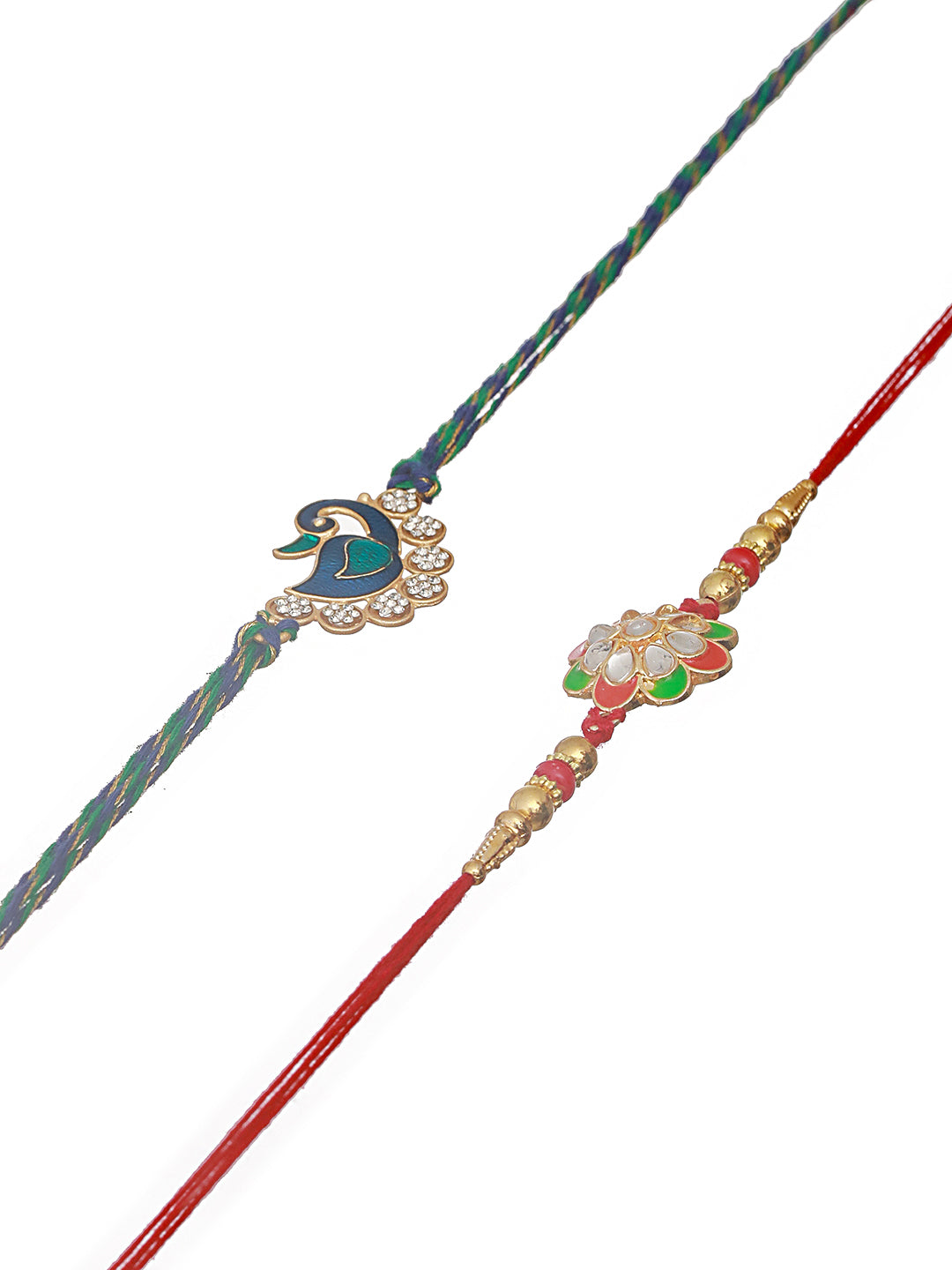 Set Of 2 Gold-Toned & Peacock Shaped Cz Studded Designer Beaded Rakhi With Roli Chawal